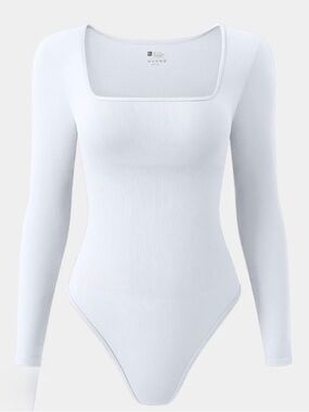 OQQ White Ribbed Square Neck Long Sleeve Bodysuit